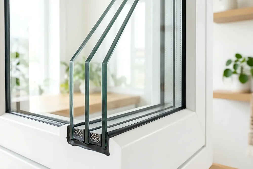 Cutaway of a double glazed sealed unit showing the spacer bar between the panes