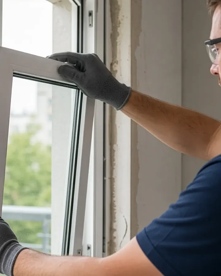 Installer lifting a uPVC window sash into position during a replacement