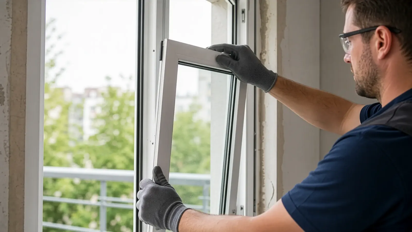 Window installer fitting a new uPVC window sash into a frame